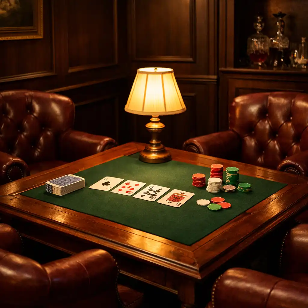 Cozy card lounge corner with leather armchairs, vintage wooden card table, and warm lamp light