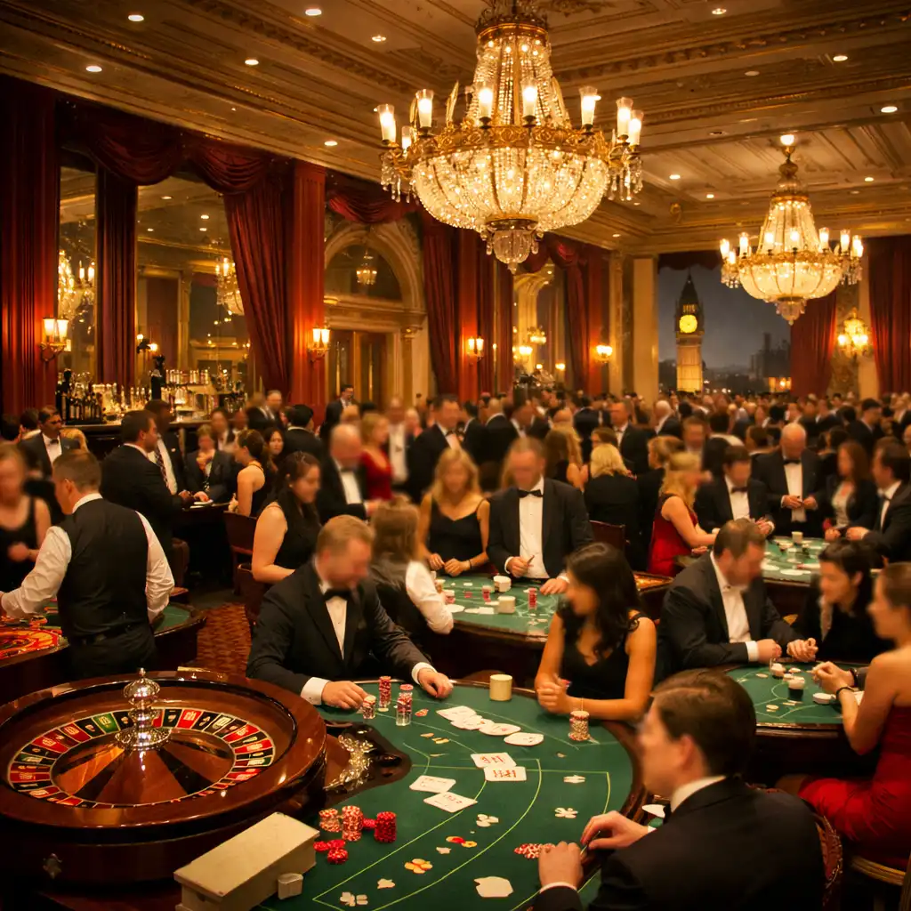 Wide shot of a bustling casino night event in a grand ballroom with multiple gaming tables and elegantly dressed guests
