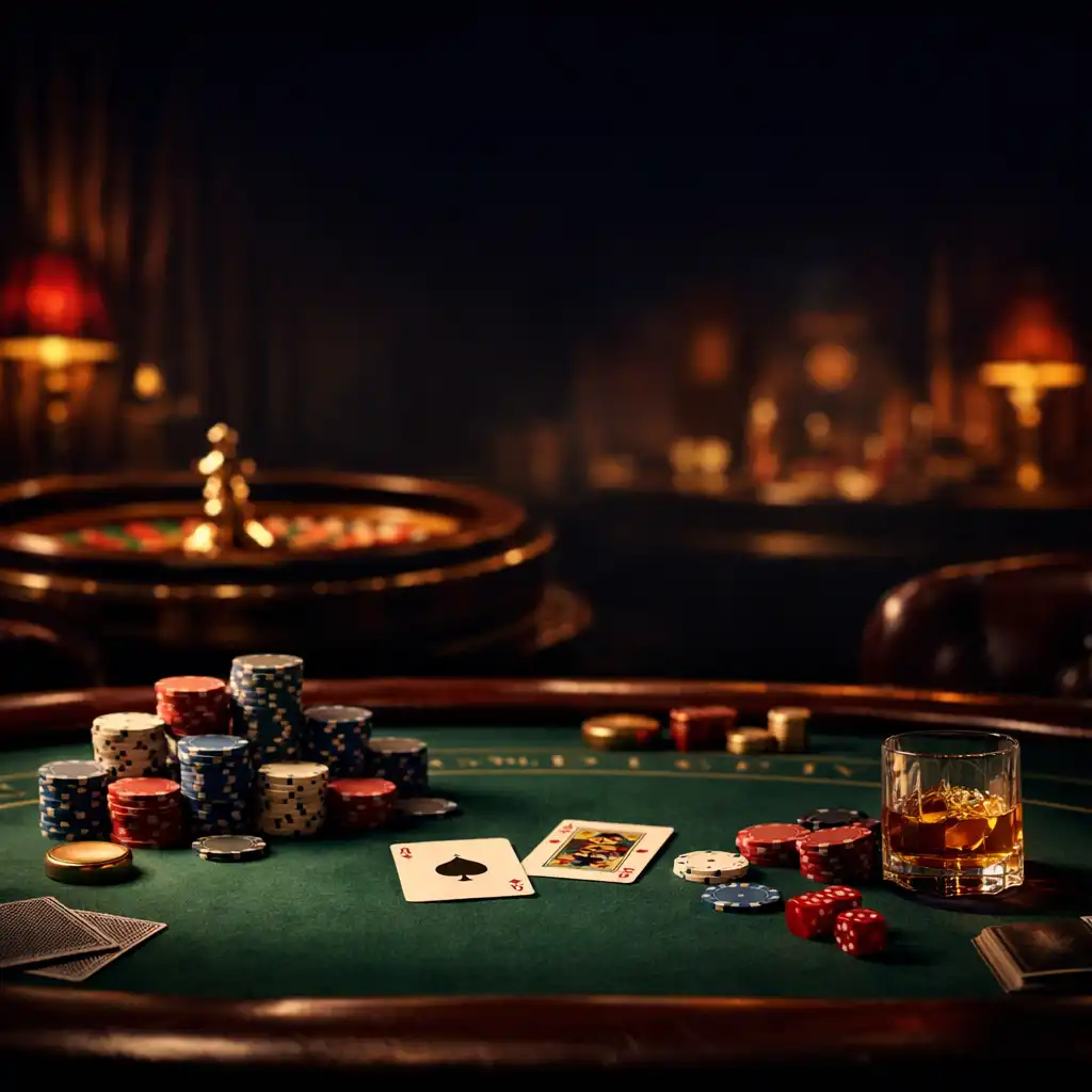 Cinematic casino table with poker chips, cards, and a roulette wheel in dramatic lighting