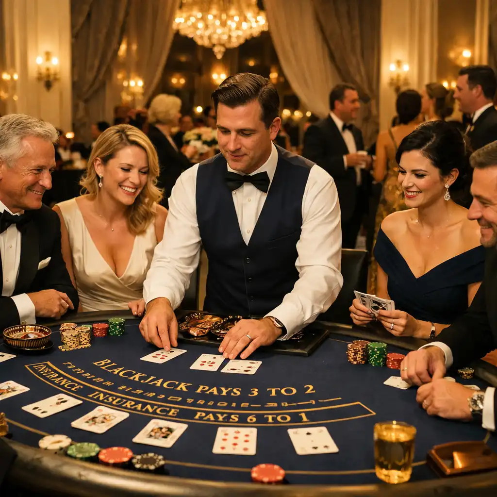 Guests in formal attire gathered around casino tables at a corporate gala in a grand ballroom
