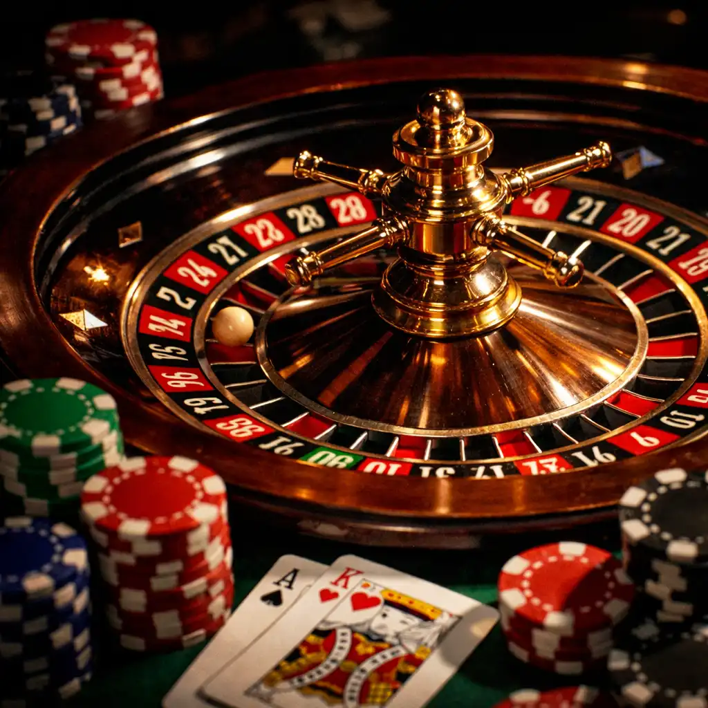 Casino night detail of a spinning roulette wheel with chips and cards nearby