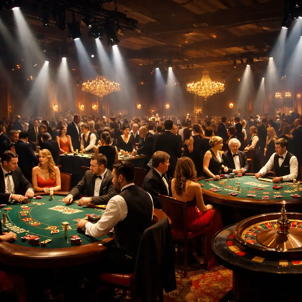 Casino night scene with multiple tables, formal guests, and dramatic lighting