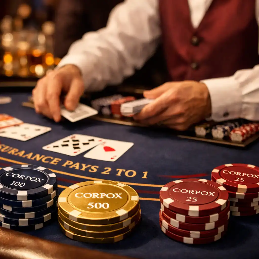 Close-up of a corporate event blackjack table with branded chips and dealer hands