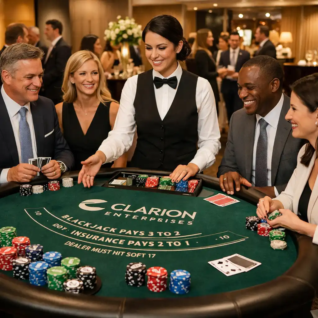 Corporate event with blackjack table, business guests, and professional dealer