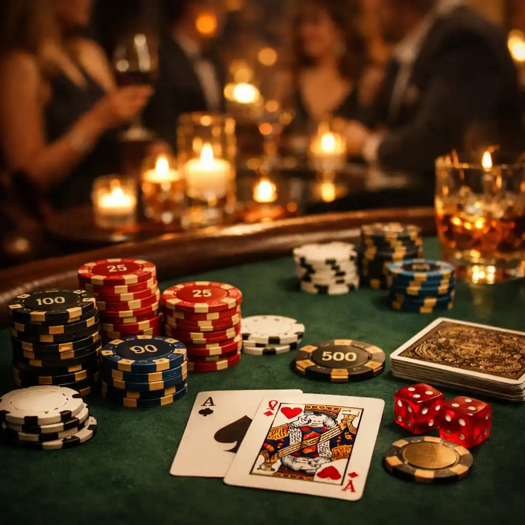 Private party poker table with elegant chips, cards, and soft candlelight ambiance