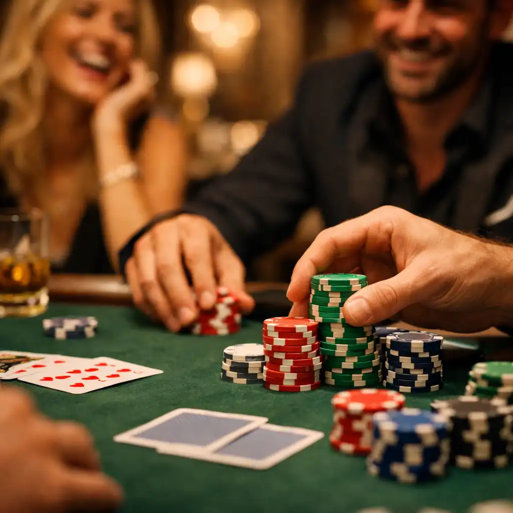 Private party with poker table, elegant décor, and guests enjoying the game