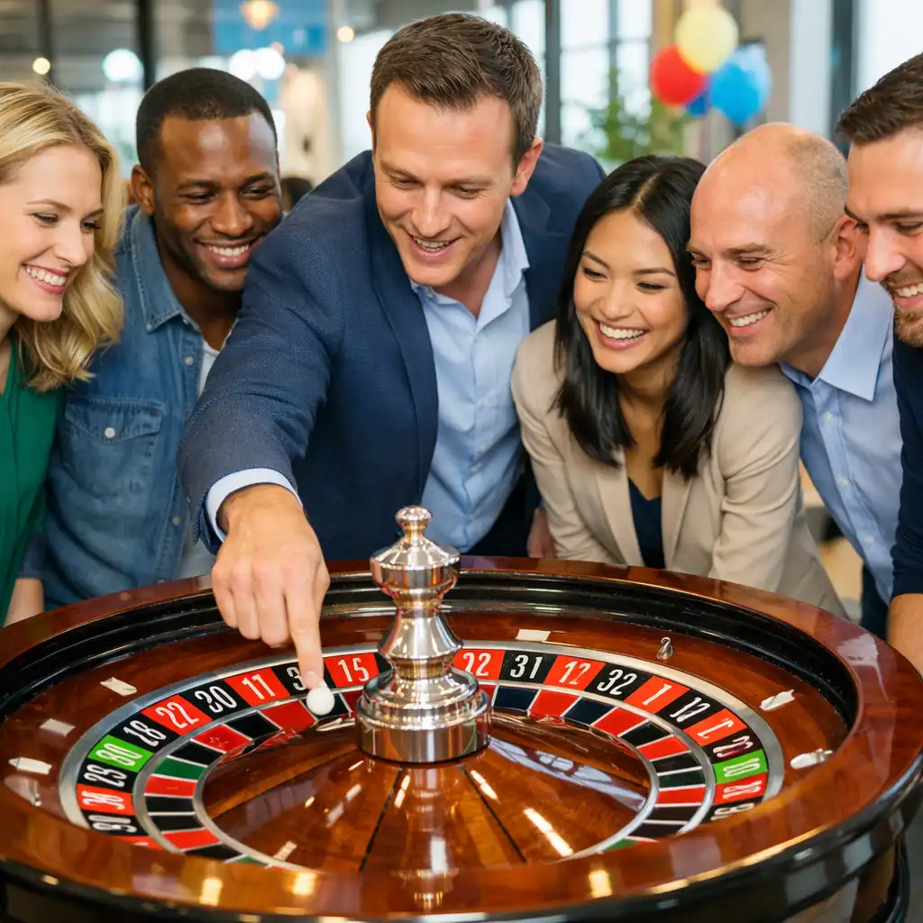 Team building event with group around a roulette wheel and facilitator explaining the game