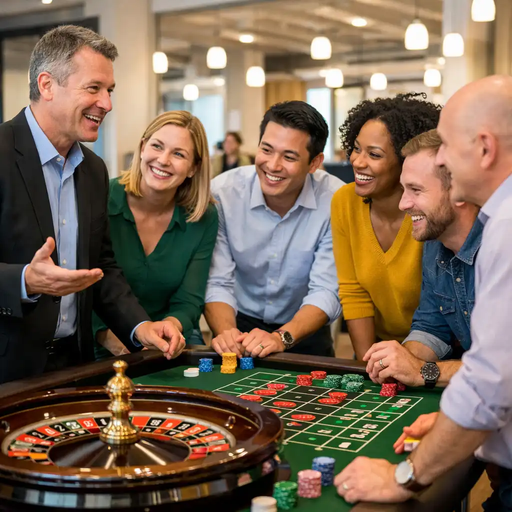 Team building activity with colleagues around a roulette table and facilitator