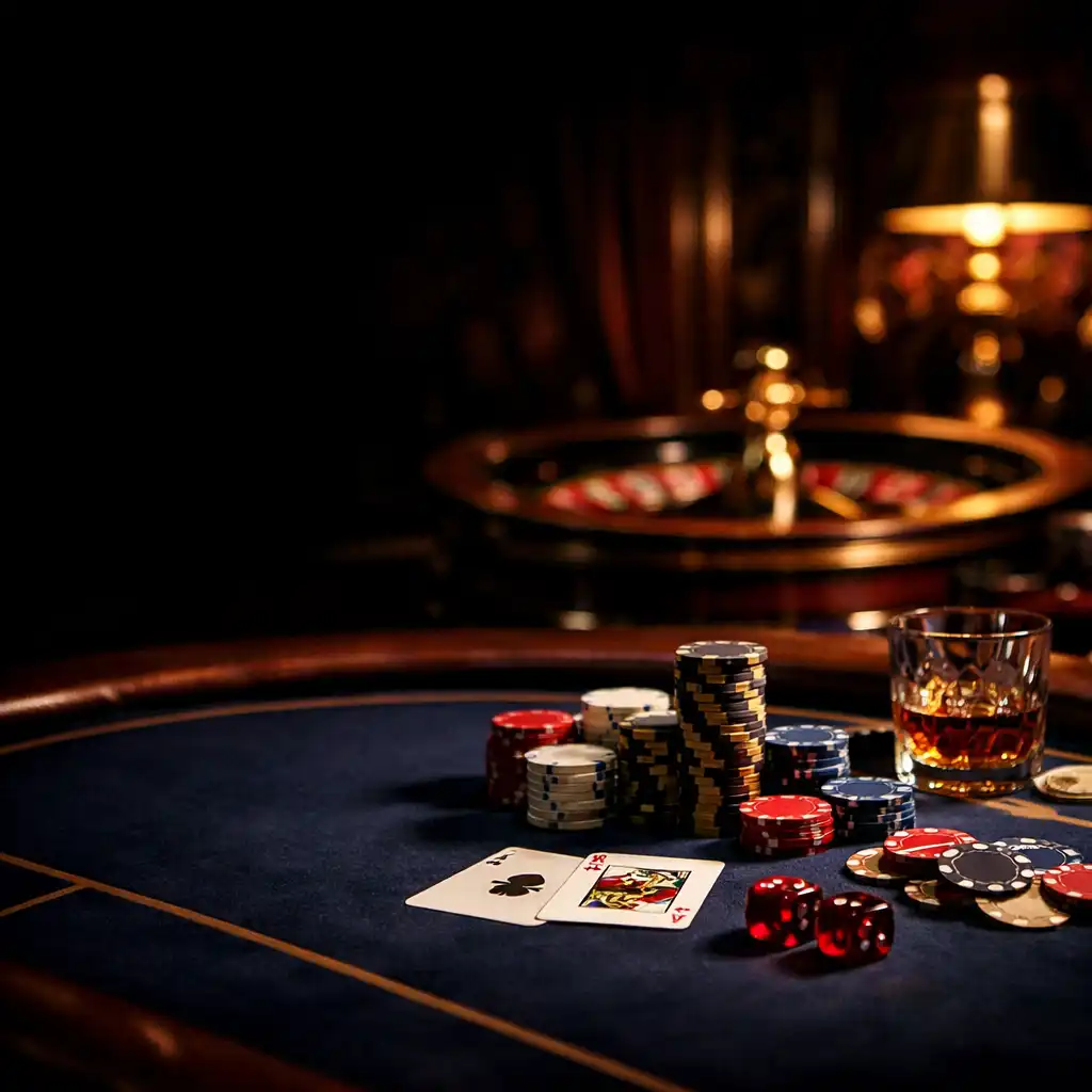 Cinematic casino table with poker chips, cards, and a roulette wheel in dramatic lighting
