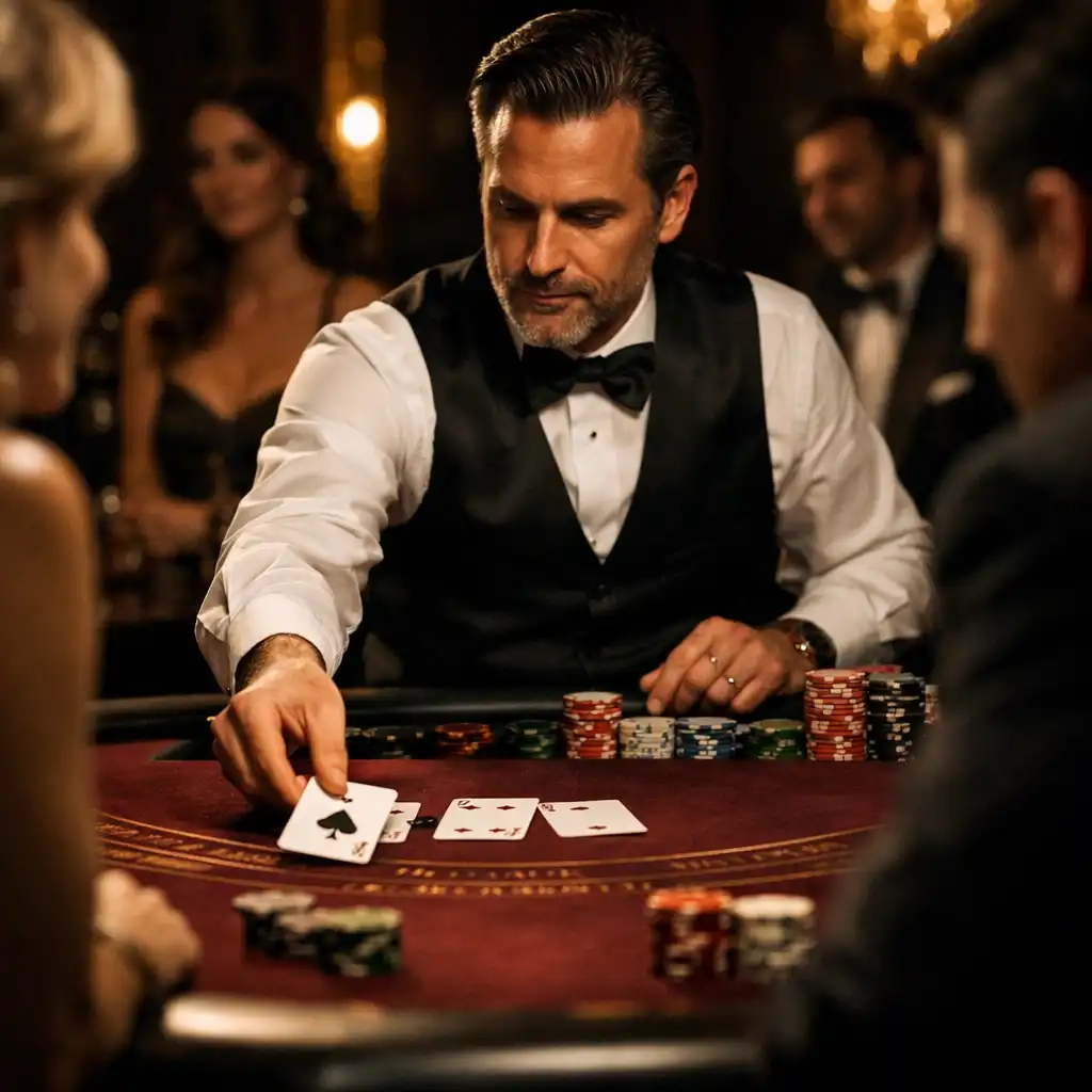 A professional croupier dealing cards at an elegant blackjack table surrounded by guests