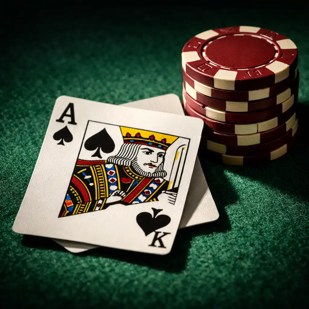 Macro shot of a blackjack hand with ace and king cards next to a stack of burgundy and cream chips