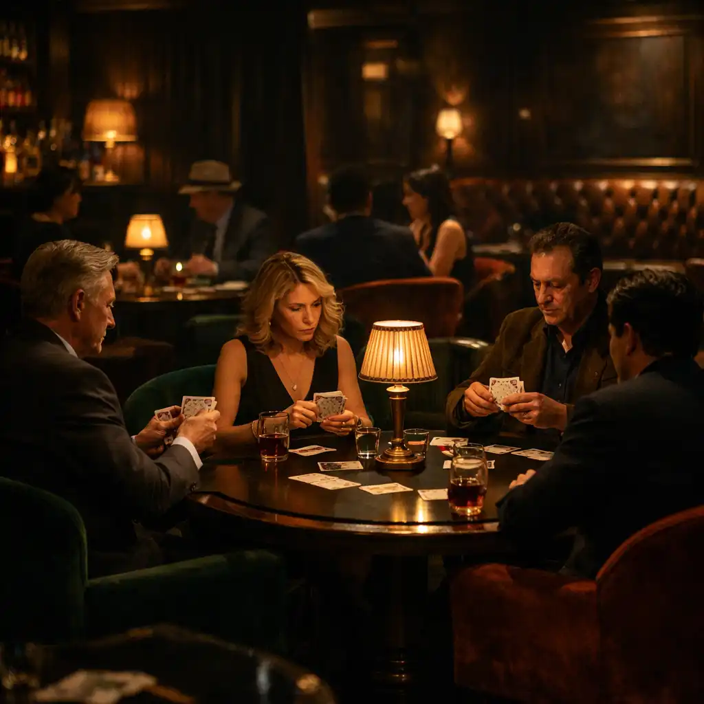 A stylish card lounge with plush velvet chairs and guests playing cards in moody lighting