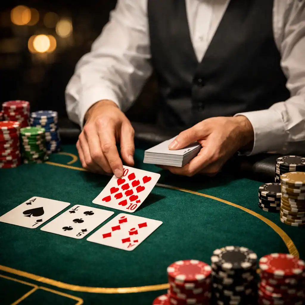 Professional dealer dealing cards at a high-end poker table during a corporate event