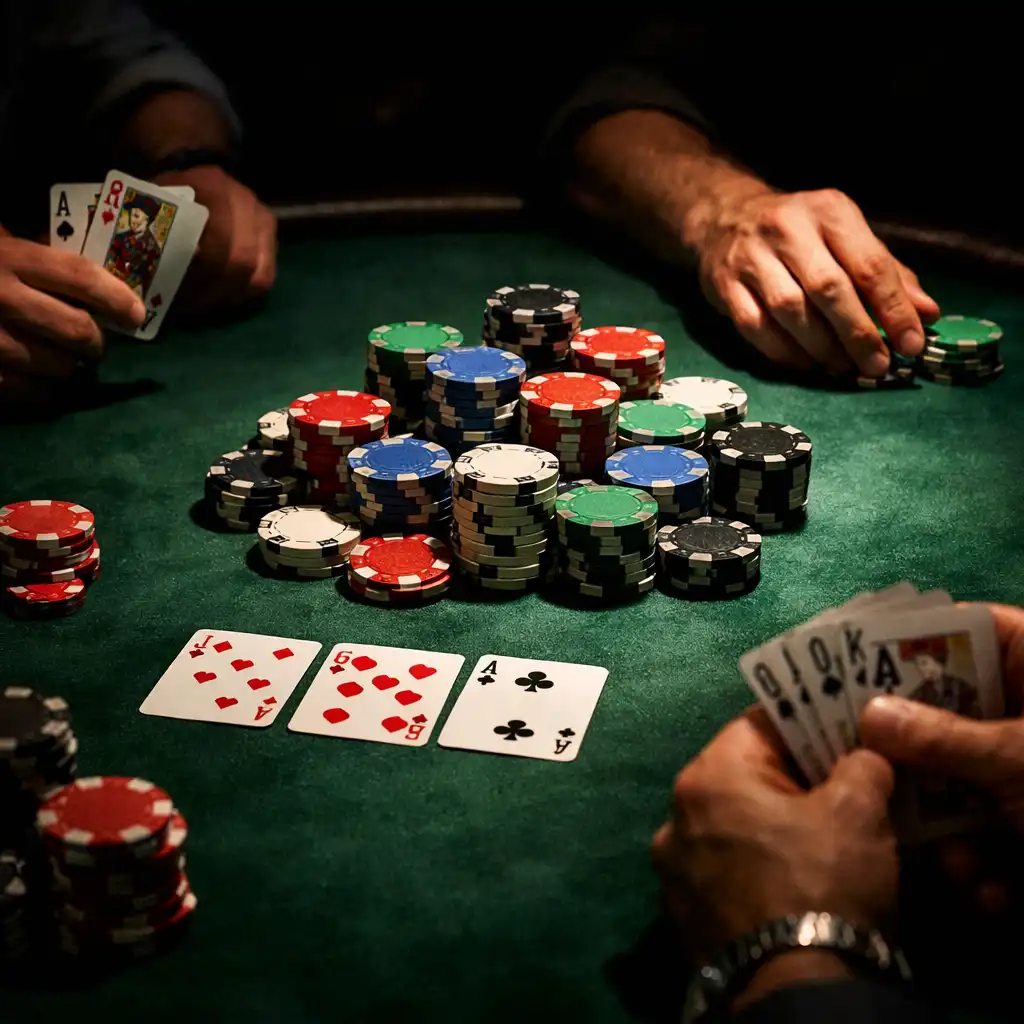 Close-up of a poker table with players' hands and colorful chips under a spotlight