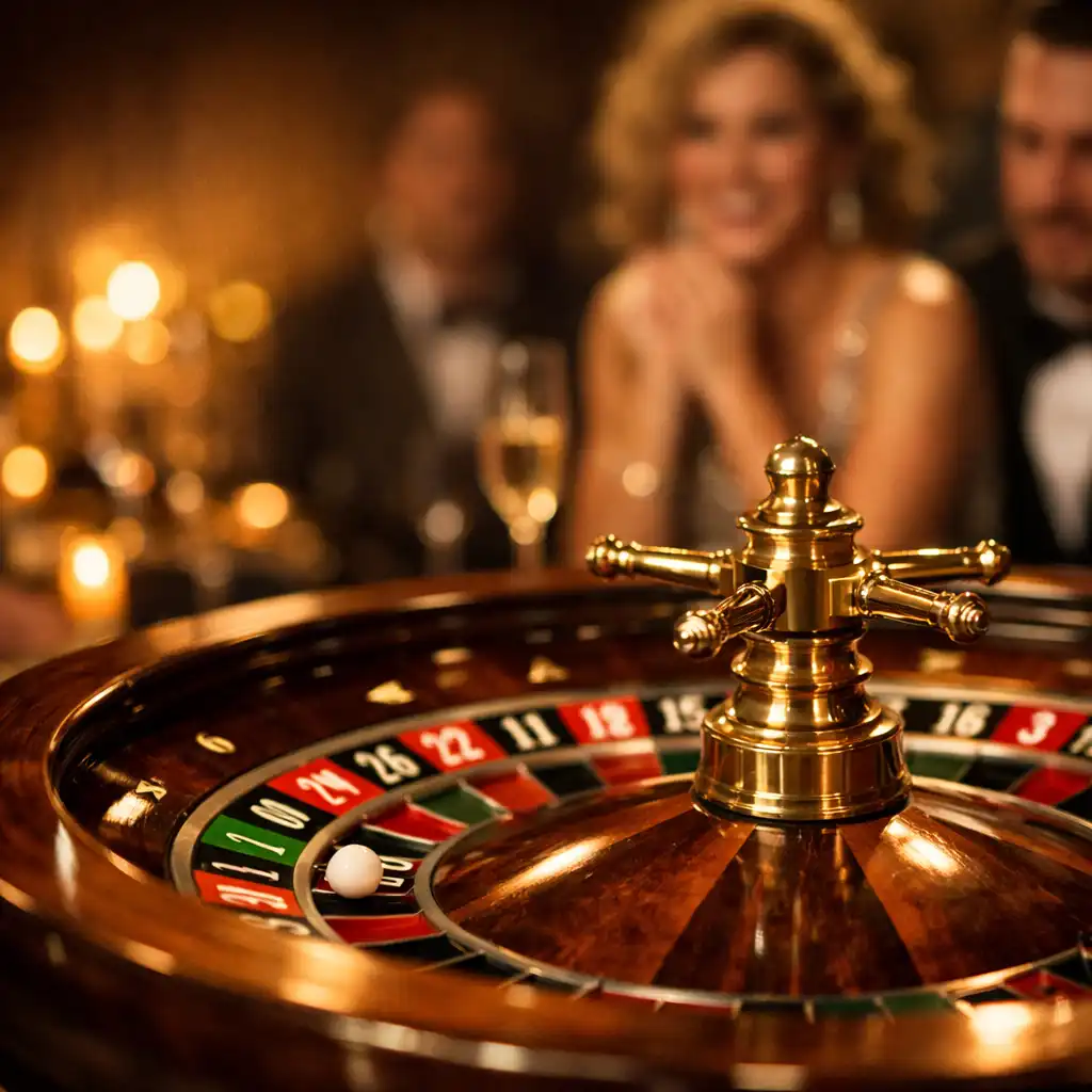 Roulette wheel in sharp focus at a private celebration with blurred guests in the background