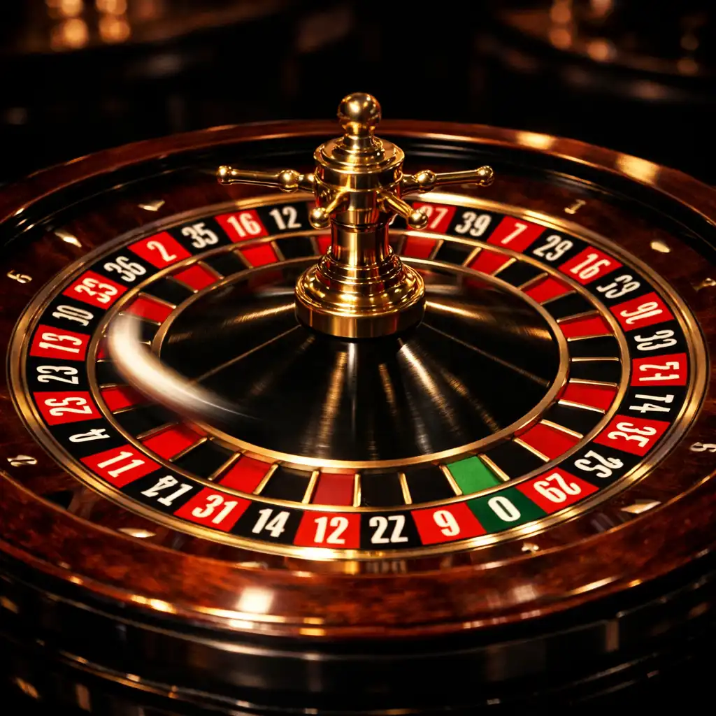 A roulette wheel in motion with the ball spinning, set in a dark elegant environment