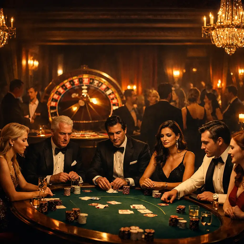 Cinematic wide shot of a lavish casino-themed event in a grand London ballroom