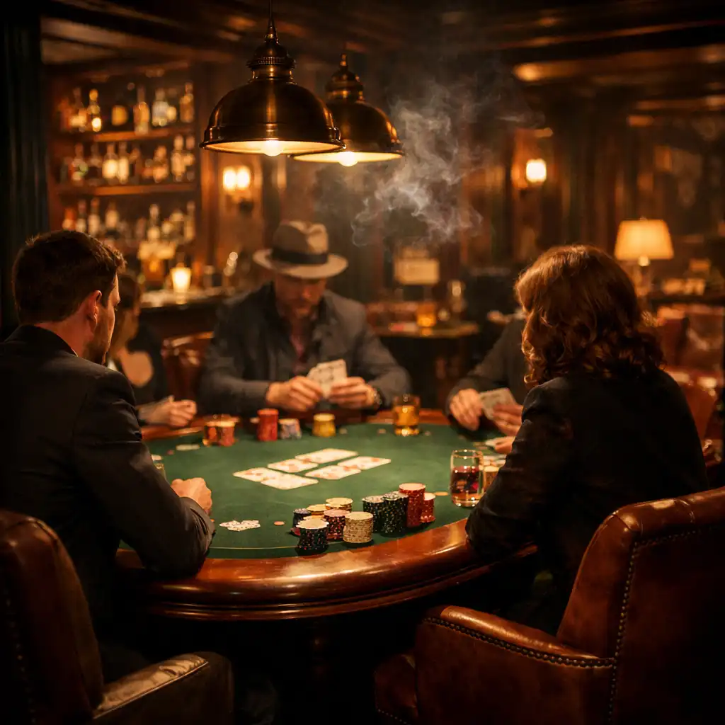 Intimate card lounge with a poker table, plush chairs, and warm ambient lighting