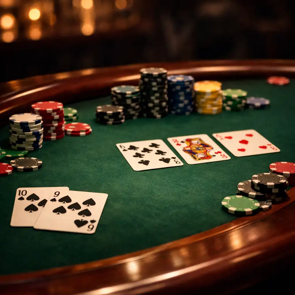 Close-up of a premium poker table with mahogany rim, green felt, cards, and stacks of coloured chips