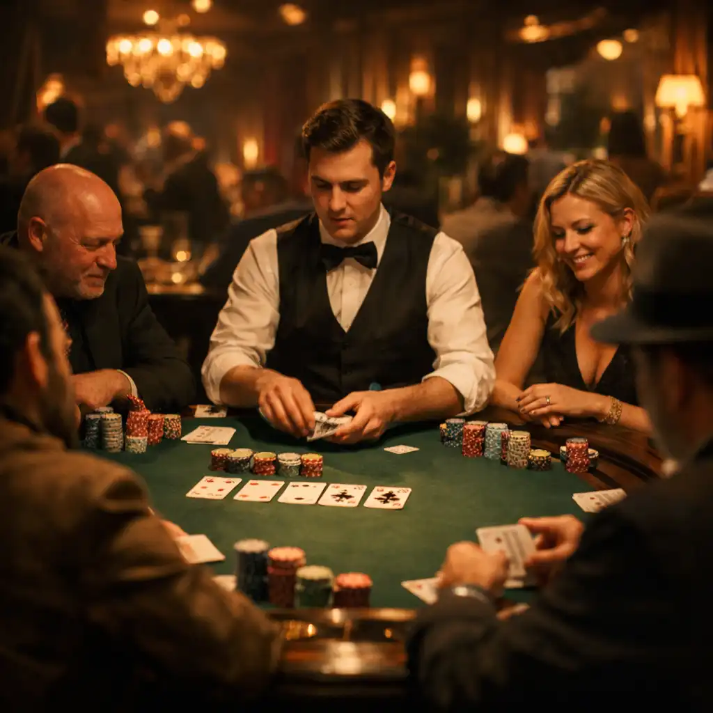 Poker event in progress at an upscale venue with guests and professional dealer