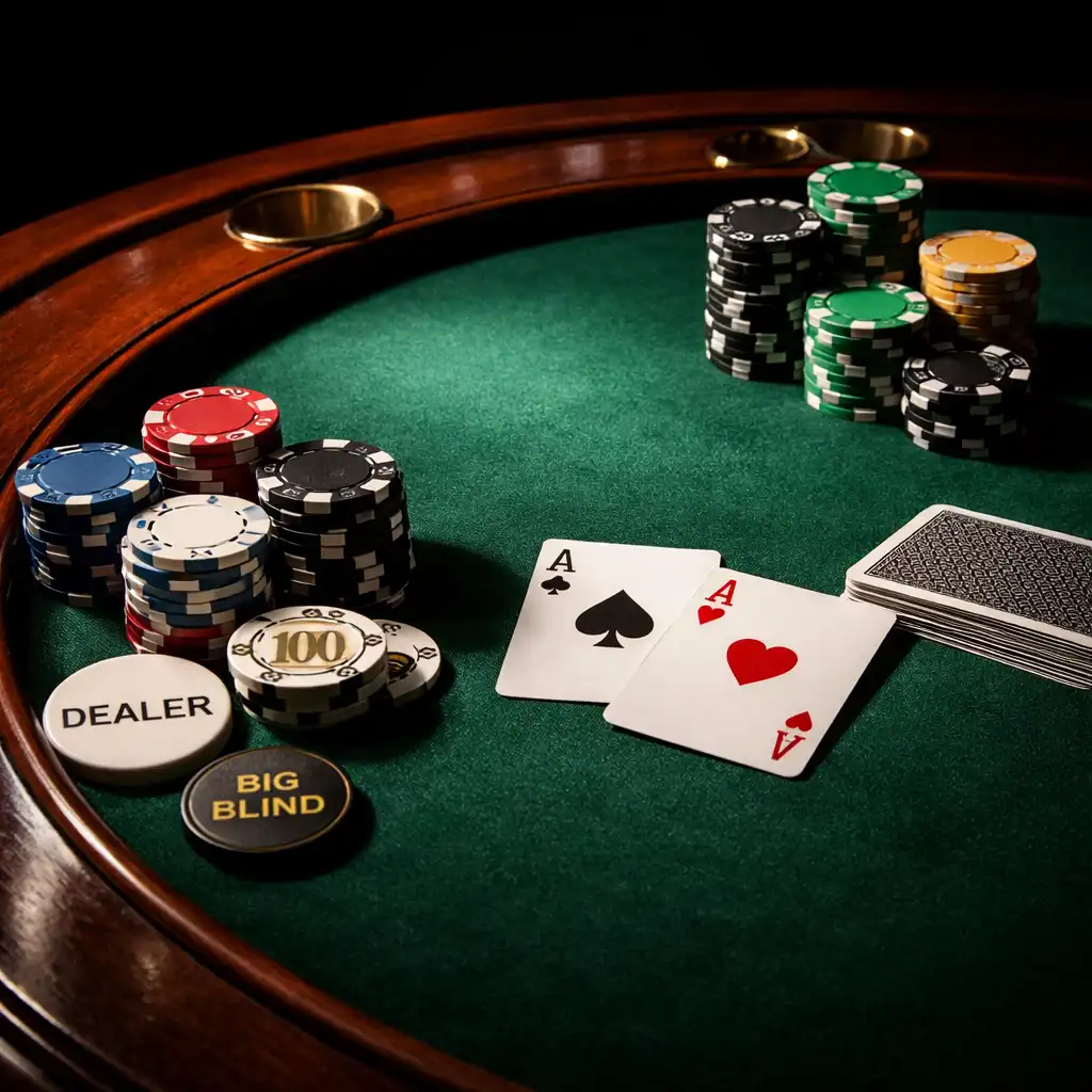 Close-up of a premium poker table with green felt and neatly arranged chips