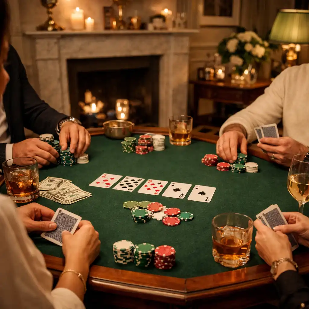 Intimate private casino night in a stylish Mayfair residence with a vintage poker table and soft ambient lighting