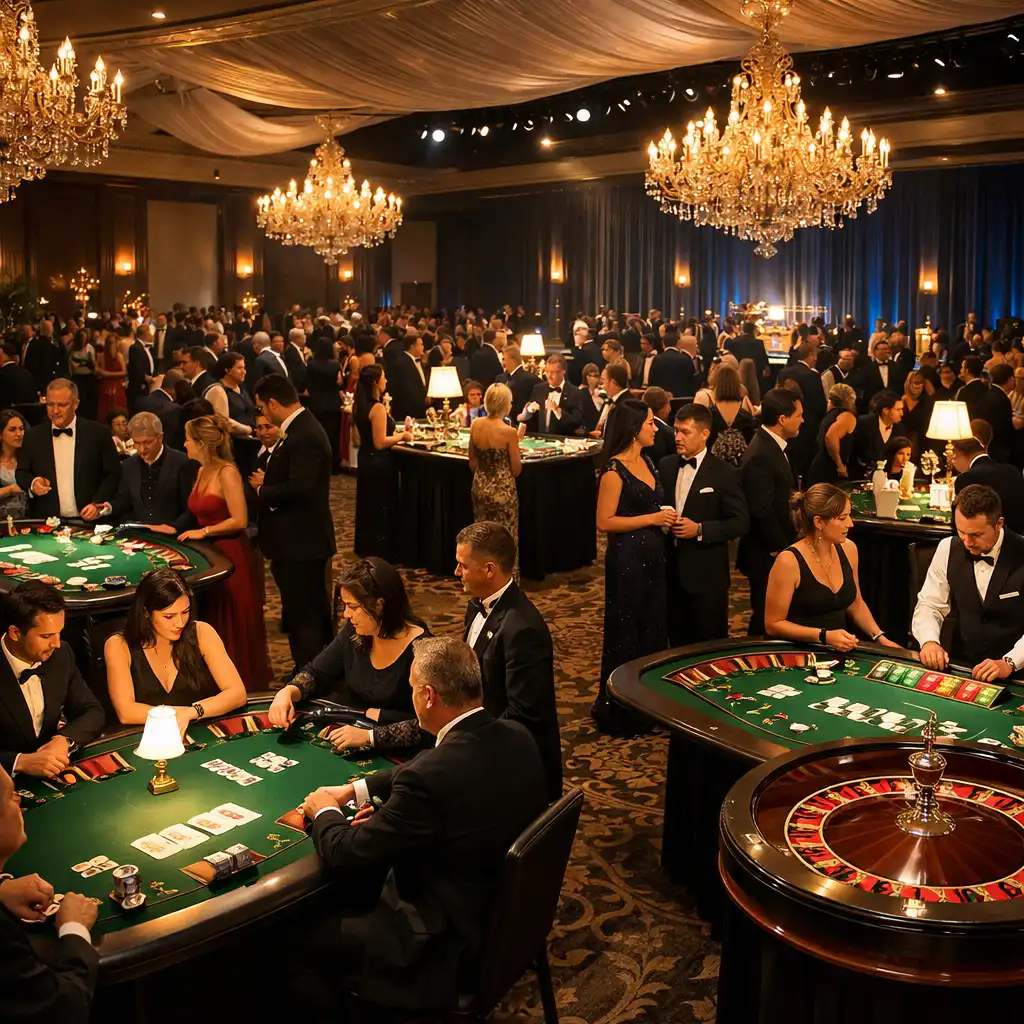 Wide shot of a corporate gala with multiple casino tables and guests in formal attire