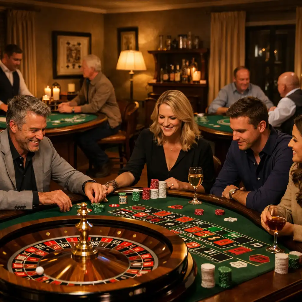 Intimate private residence transformed into a casino lounge with a roulette table as centerpiece