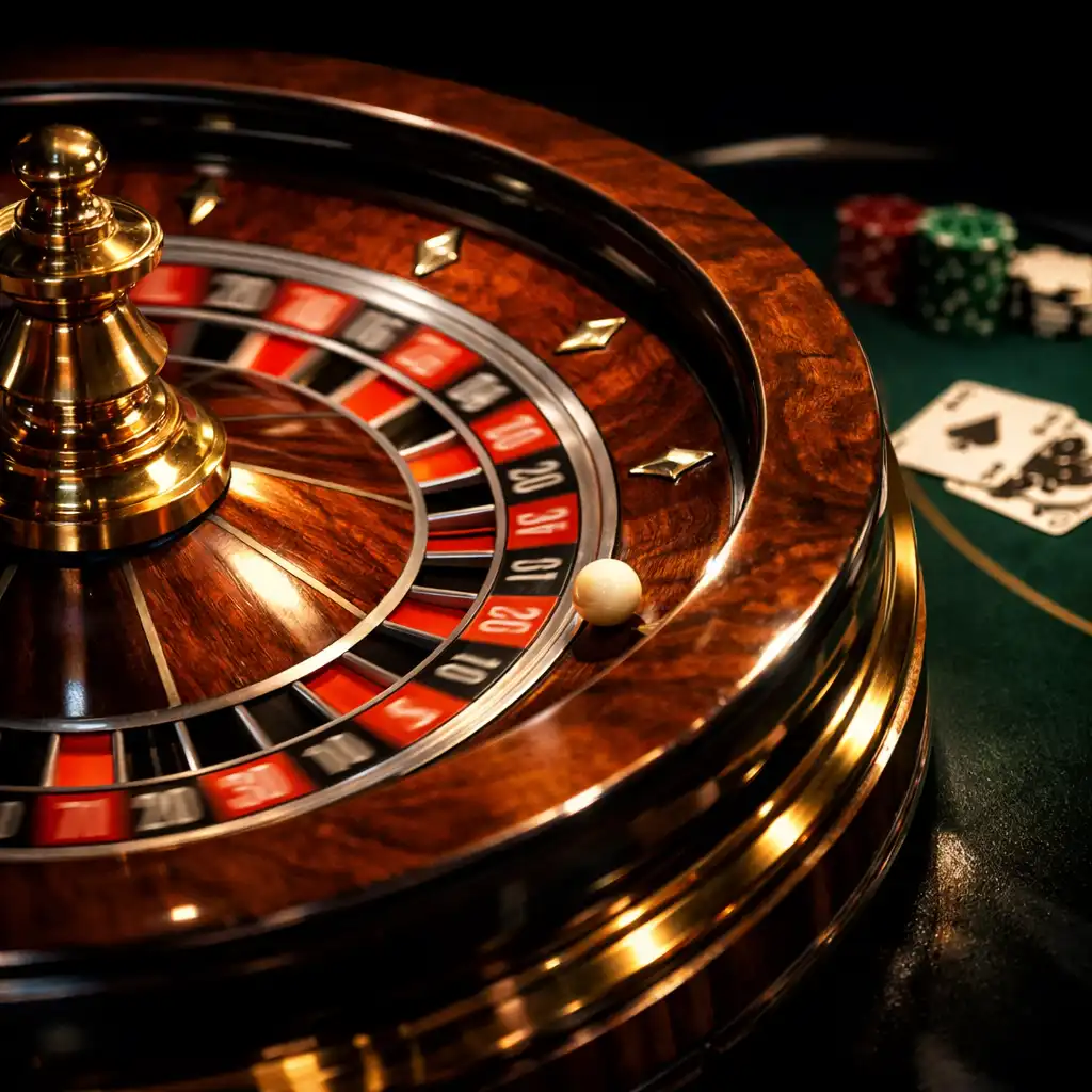 Dynamic close-up of a roulette wheel in motion with brass inlays, with a blackjack table partially visible