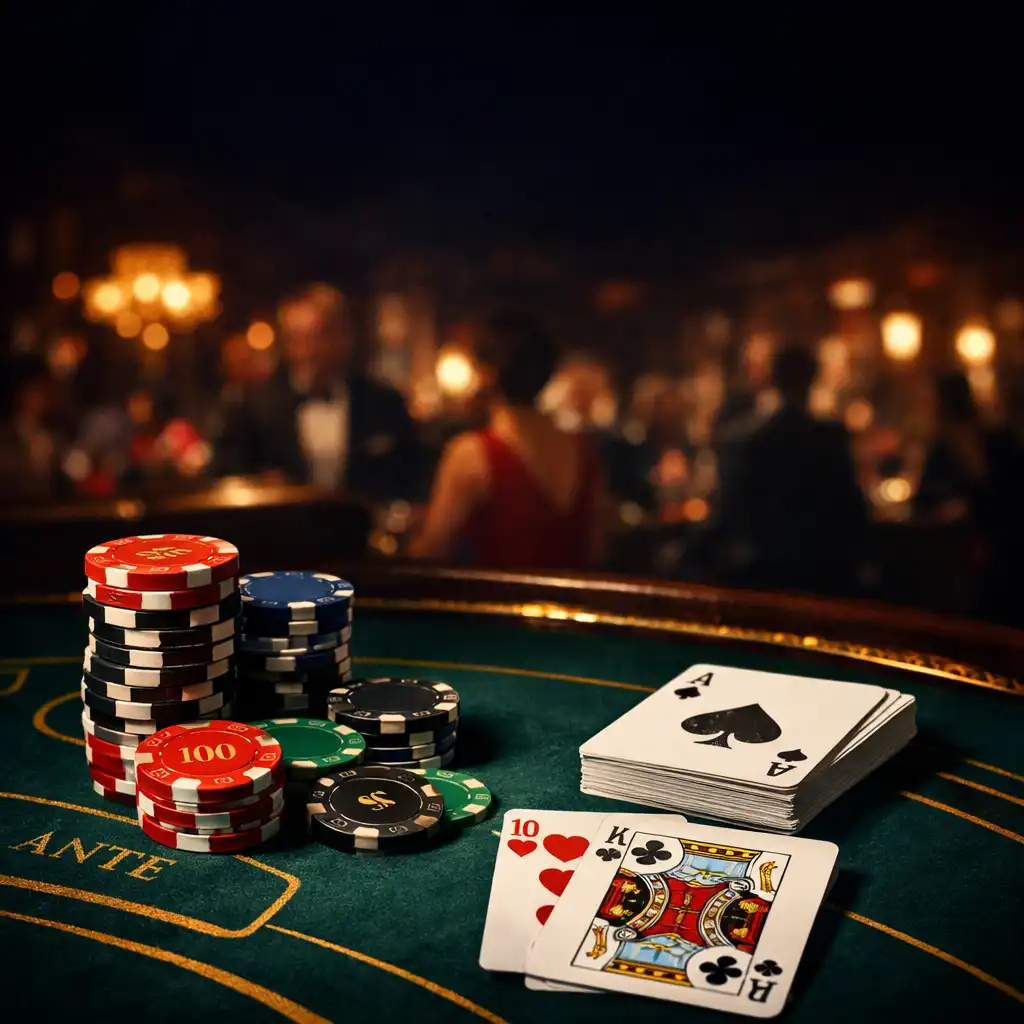 A luxurious casino table with poker chips and cards under dramatic lighting